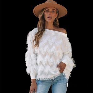 Boutique-White Zig-Zag Fringe Boat Neck Sweater-NWOT-Sz Small